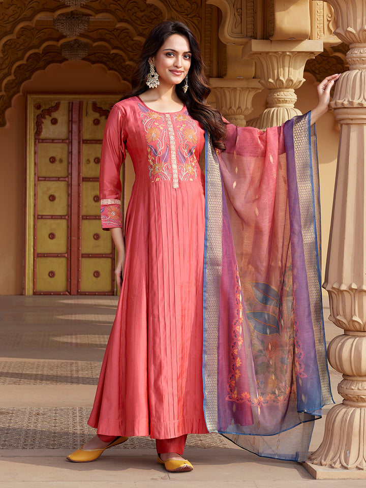Peach Semi Silk Anarkali Set
