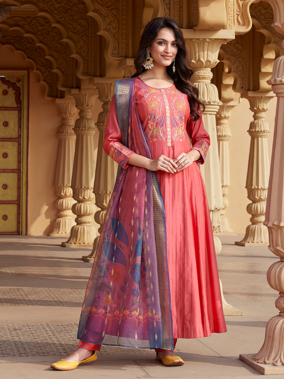 Peach Semi Silk Anarkali Set