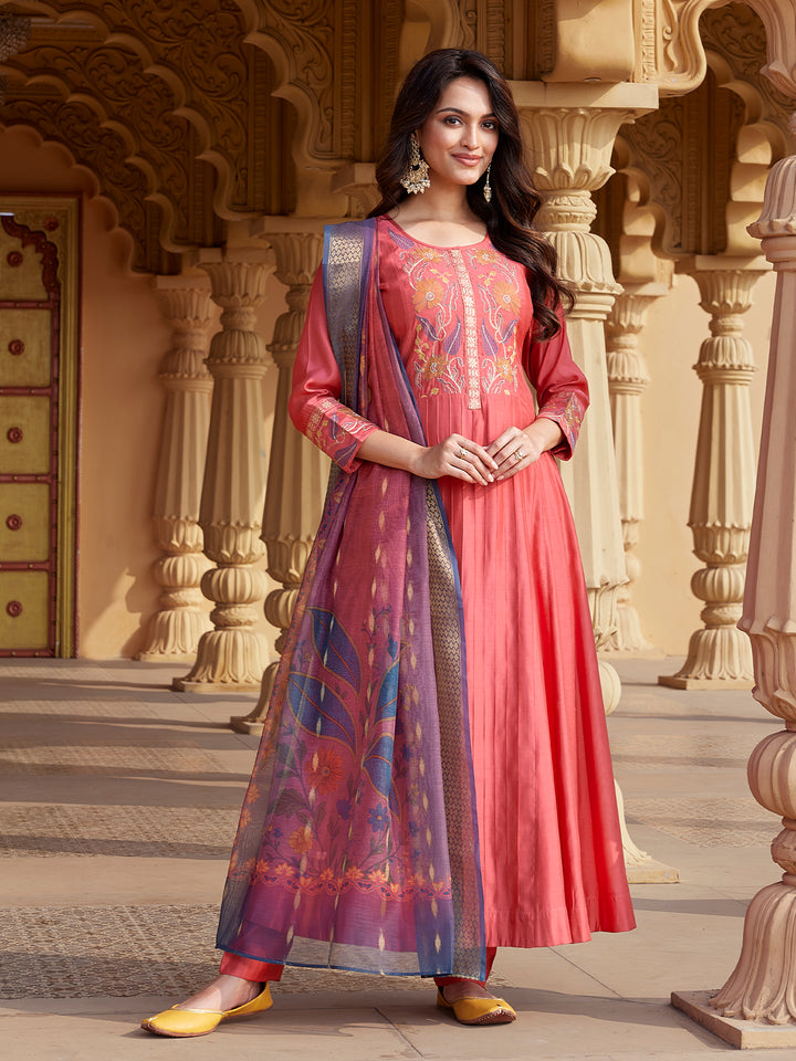 Peach Semi Silk Anarkali Set