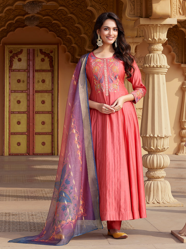 Peach Semi Silk Anarkali Set