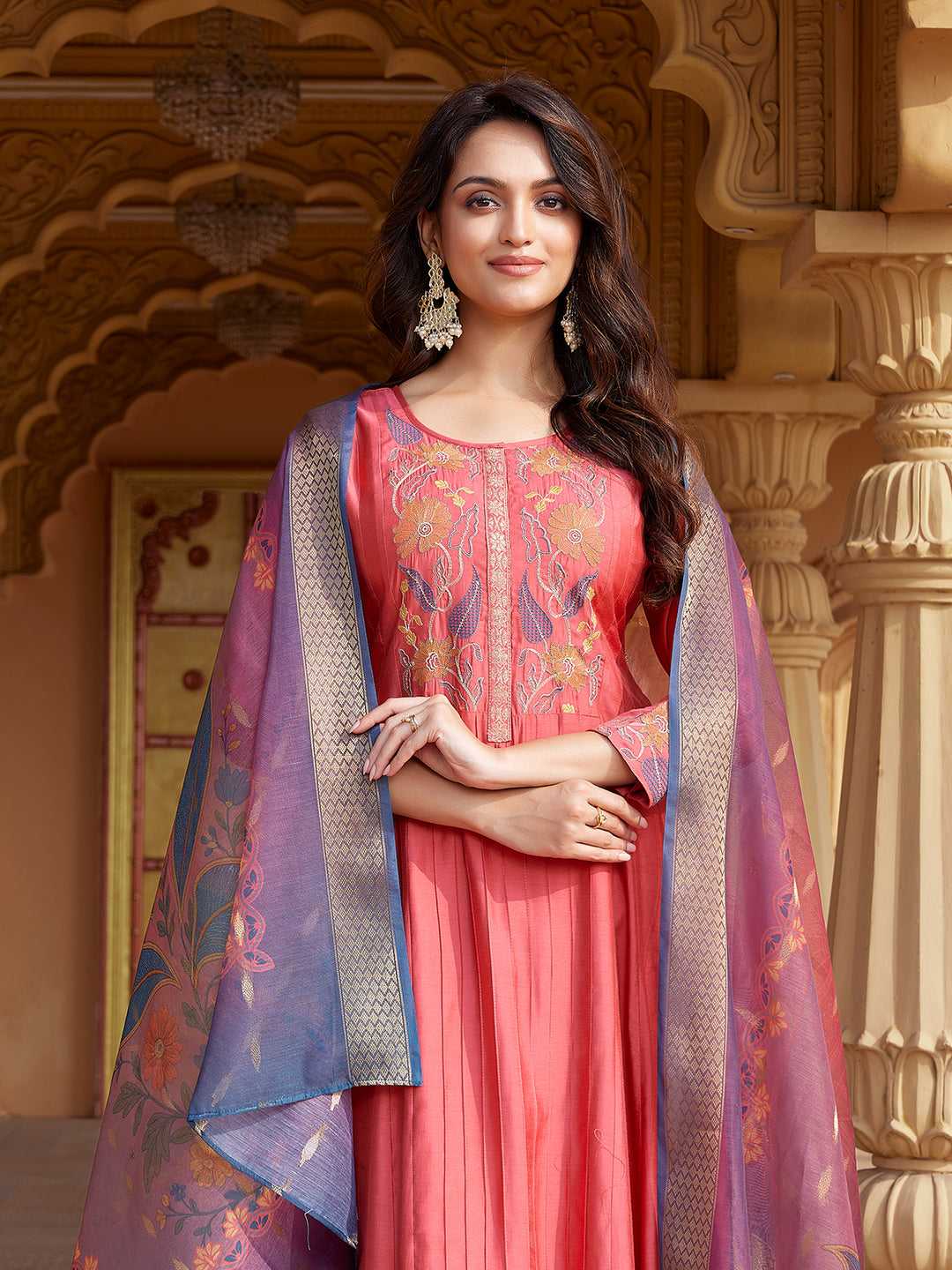Peach Semi Silk Anarkali Set