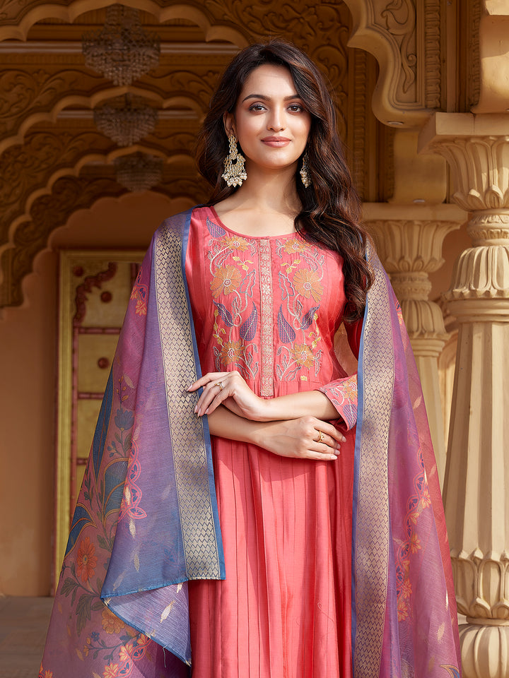 Peach Semi Silk Anarkali Set