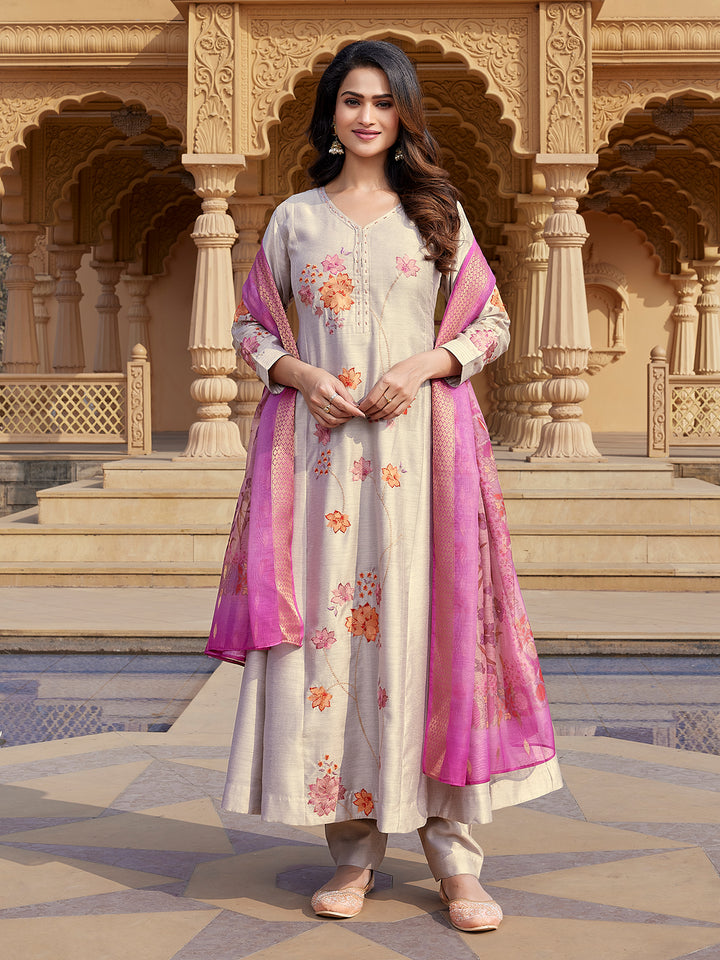 Grey Semi Silk Anarkali Set