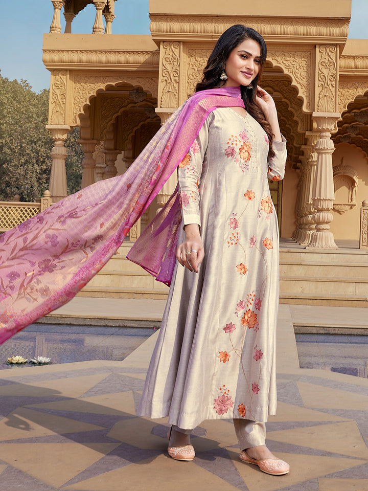 Grey Semi Silk Anarkali Set