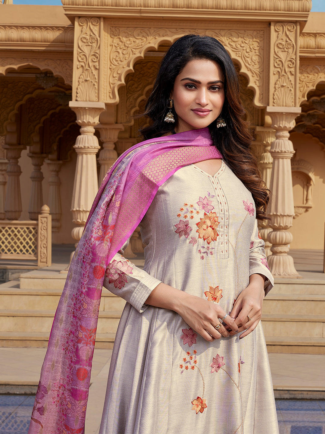 Grey Semi Silk Anarkali Set