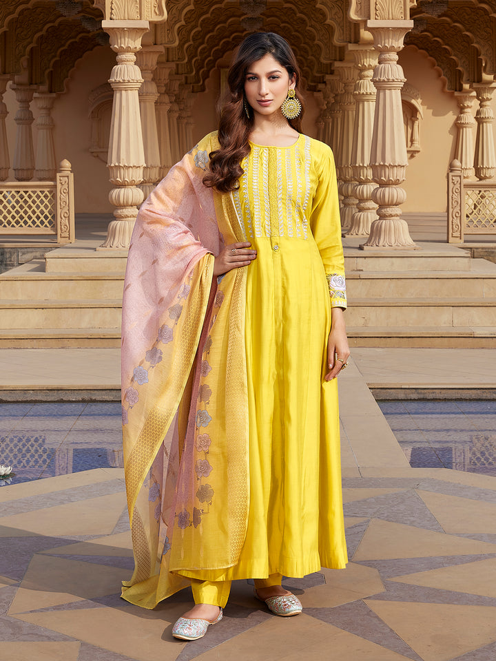 Yellow Semi Silk Anarkali Set