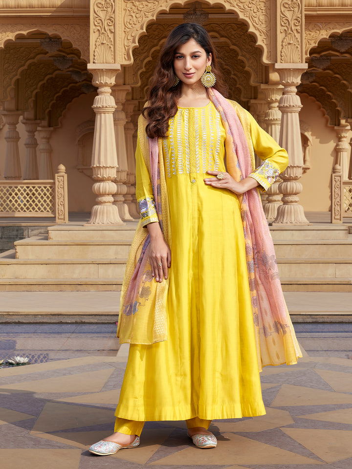 Yellow Semi Silk Anarkali Set