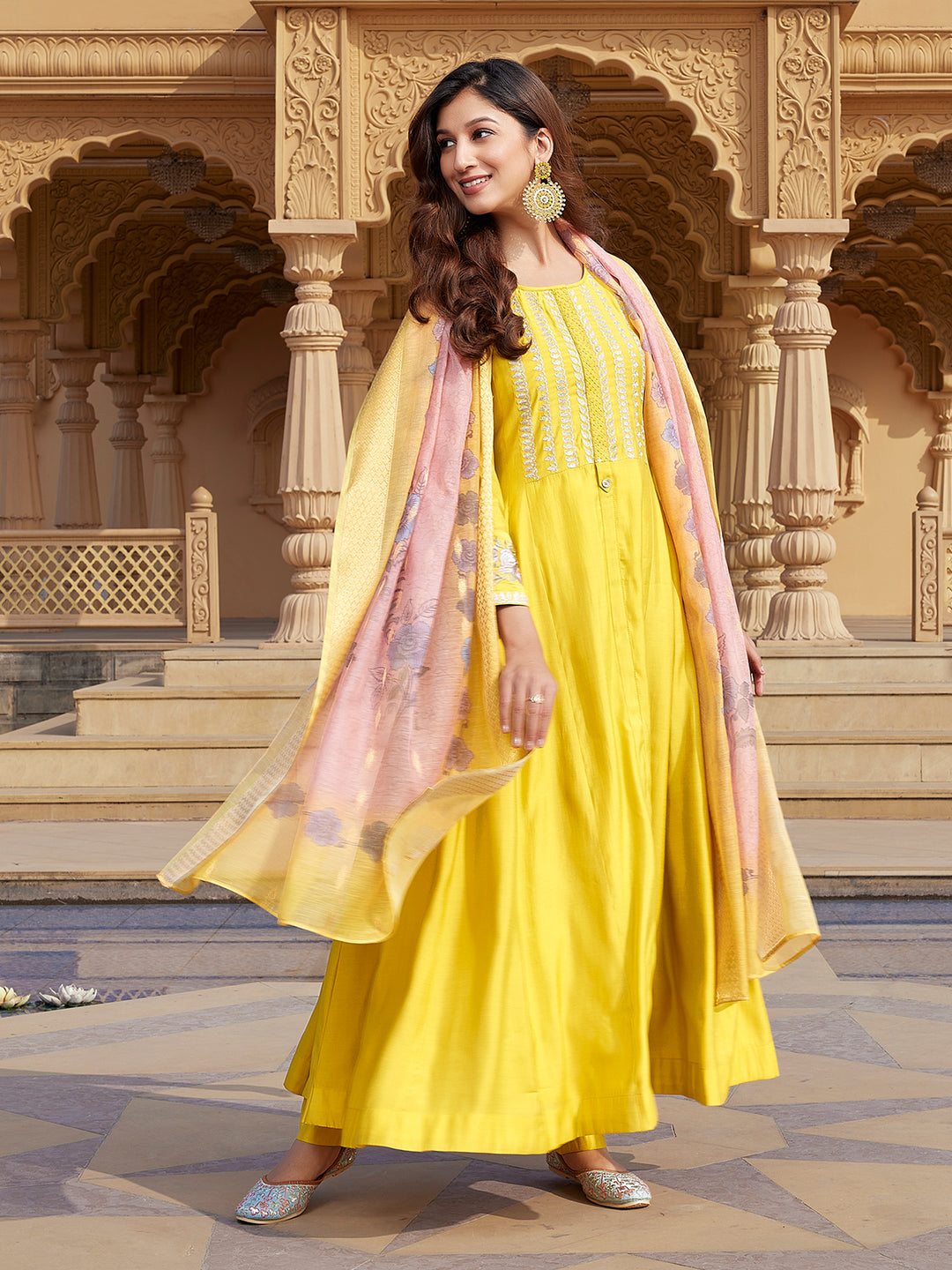Yellow Semi Silk Anarkali Set