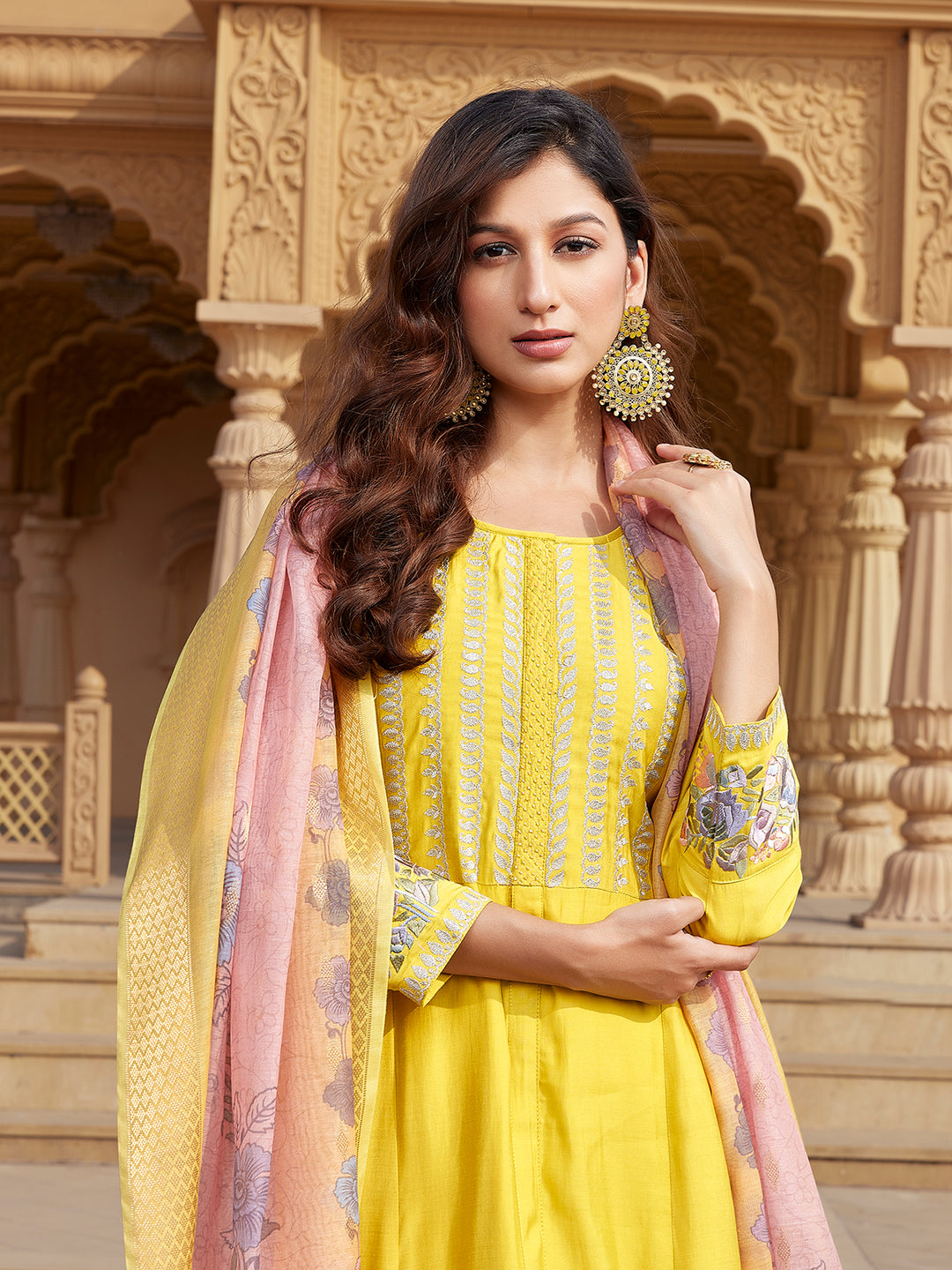 Yellow Semi Silk Anarkali Set