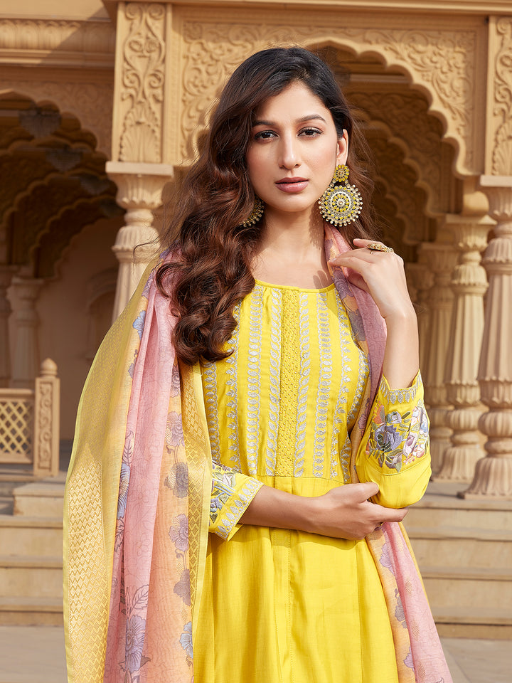 Yellow Semi Silk Anarkali Set