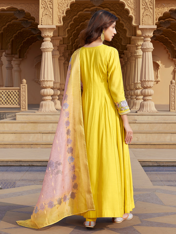 Yellow Semi Silk Anarkali Set