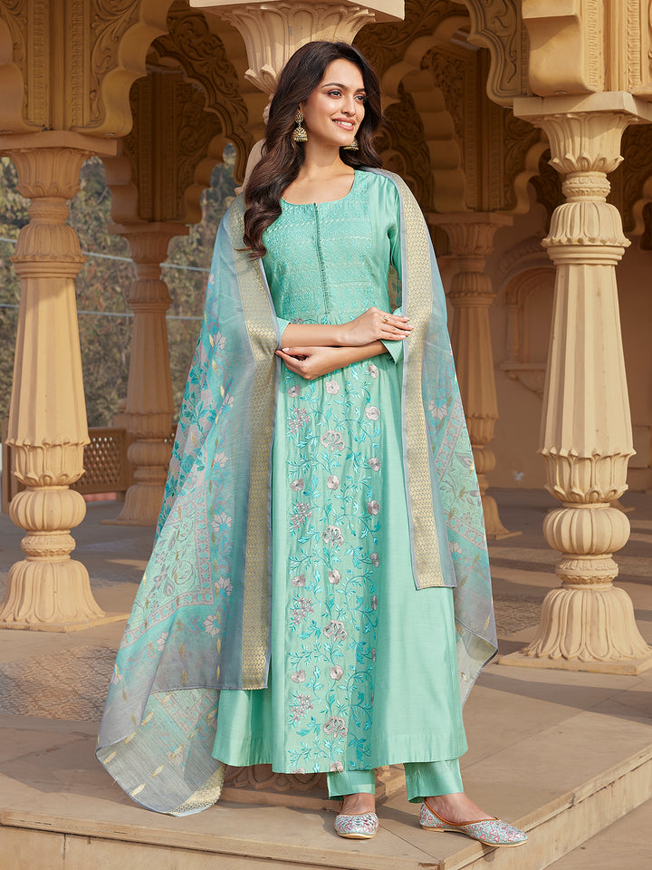 Mint Green Semi Silk Anarkali Set