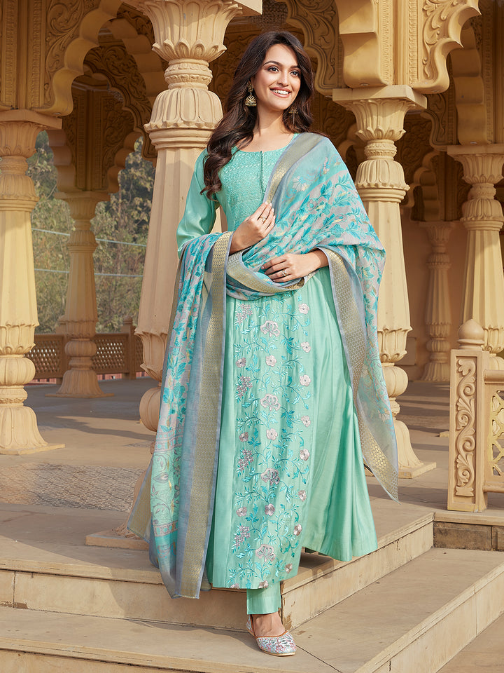 Mint Green Semi Silk Anarkali Set