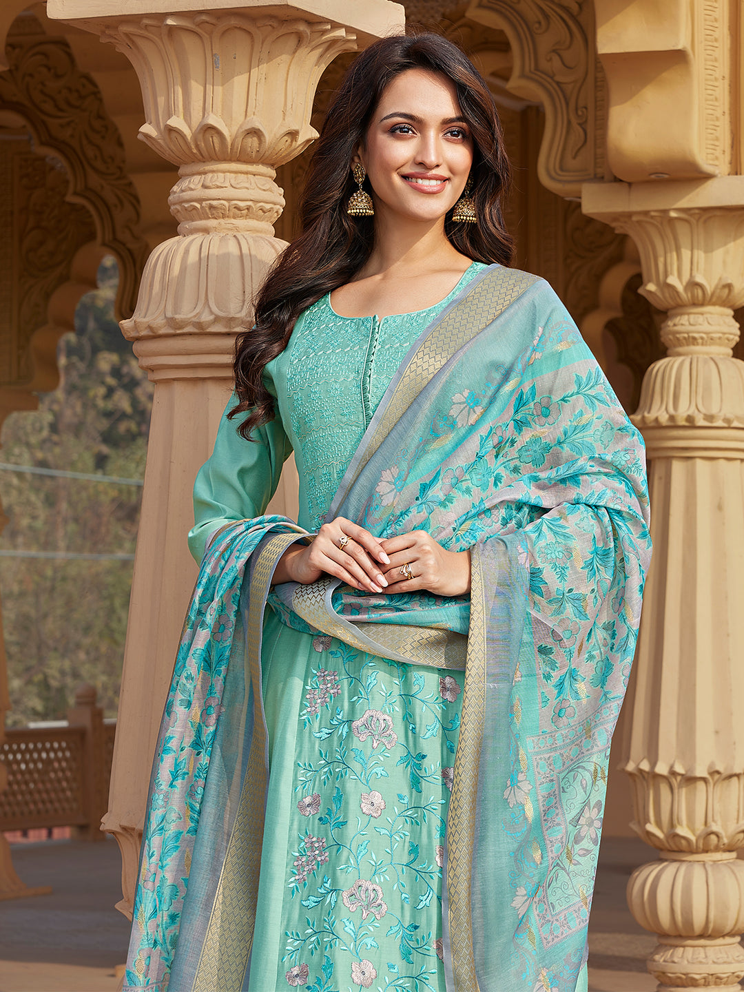 Mint Green Semi Silk Anarkali Set