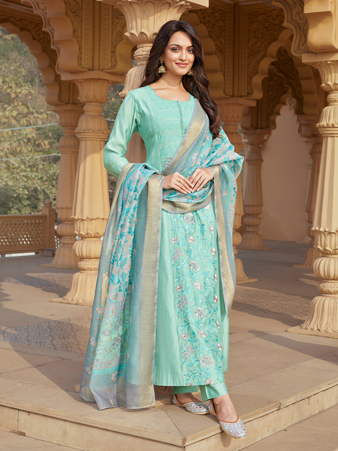Mint Green Semi Silk Anarkali Set