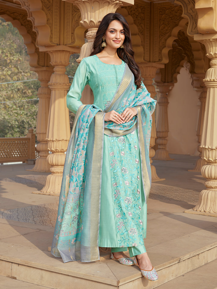 Mint Green Semi Silk Anarkali Set