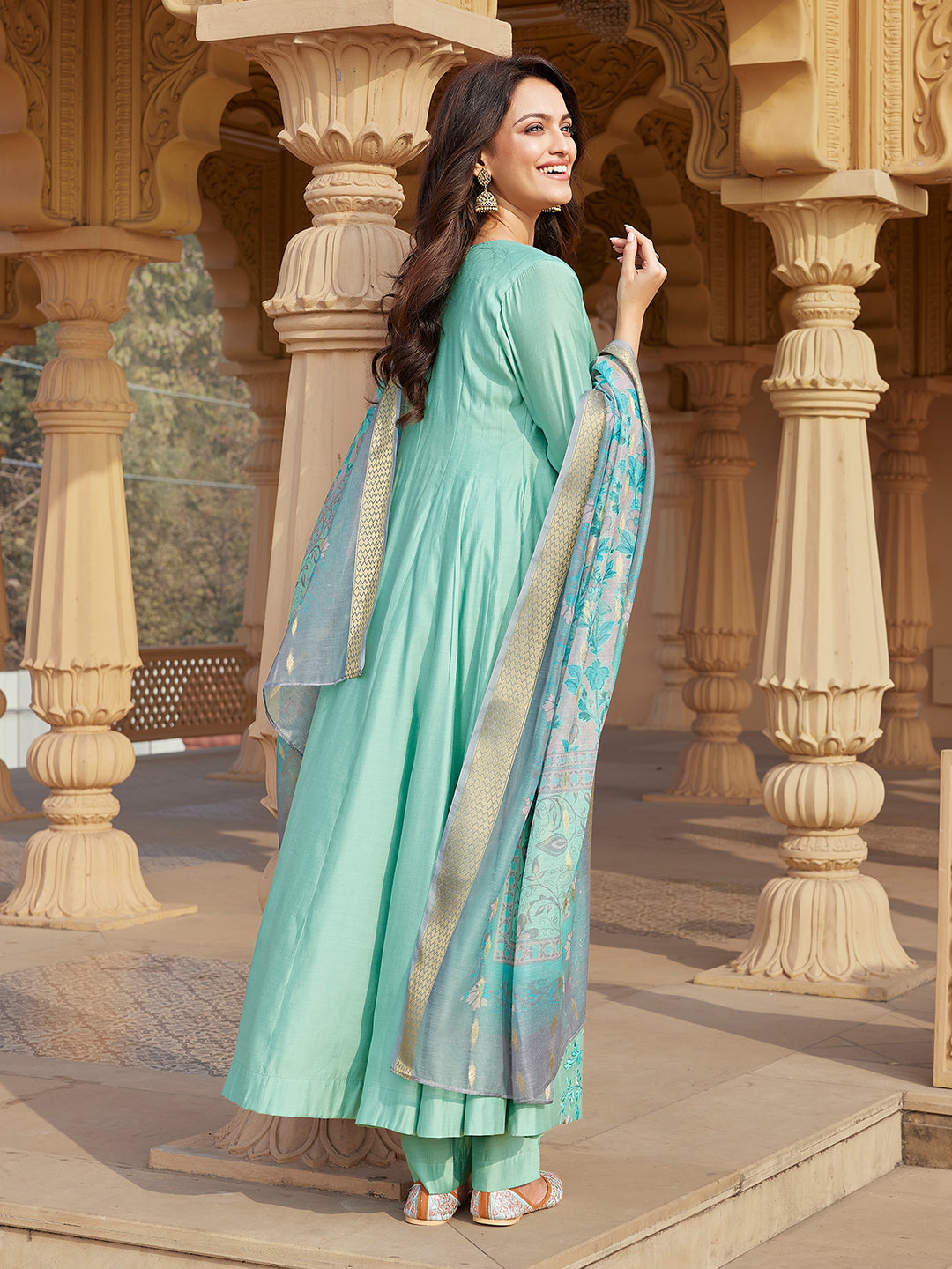 Mint Green Semi Silk Anarkali Set