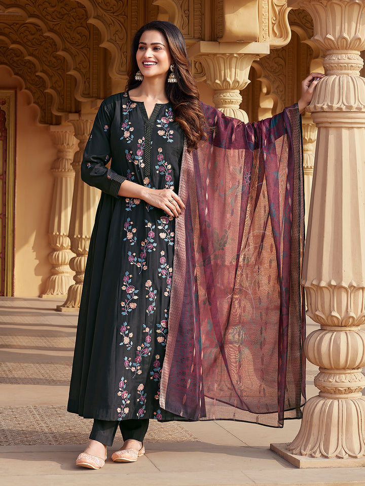 Black Semi Silk Anarkali Set