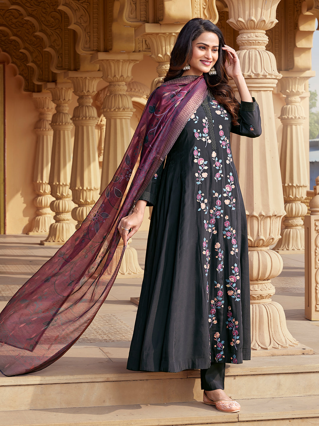 Black Semi Silk Anarkali Set