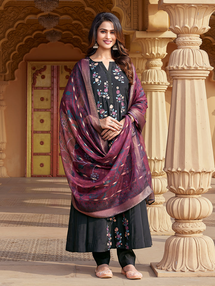 Black Semi Silk Anarkali Set