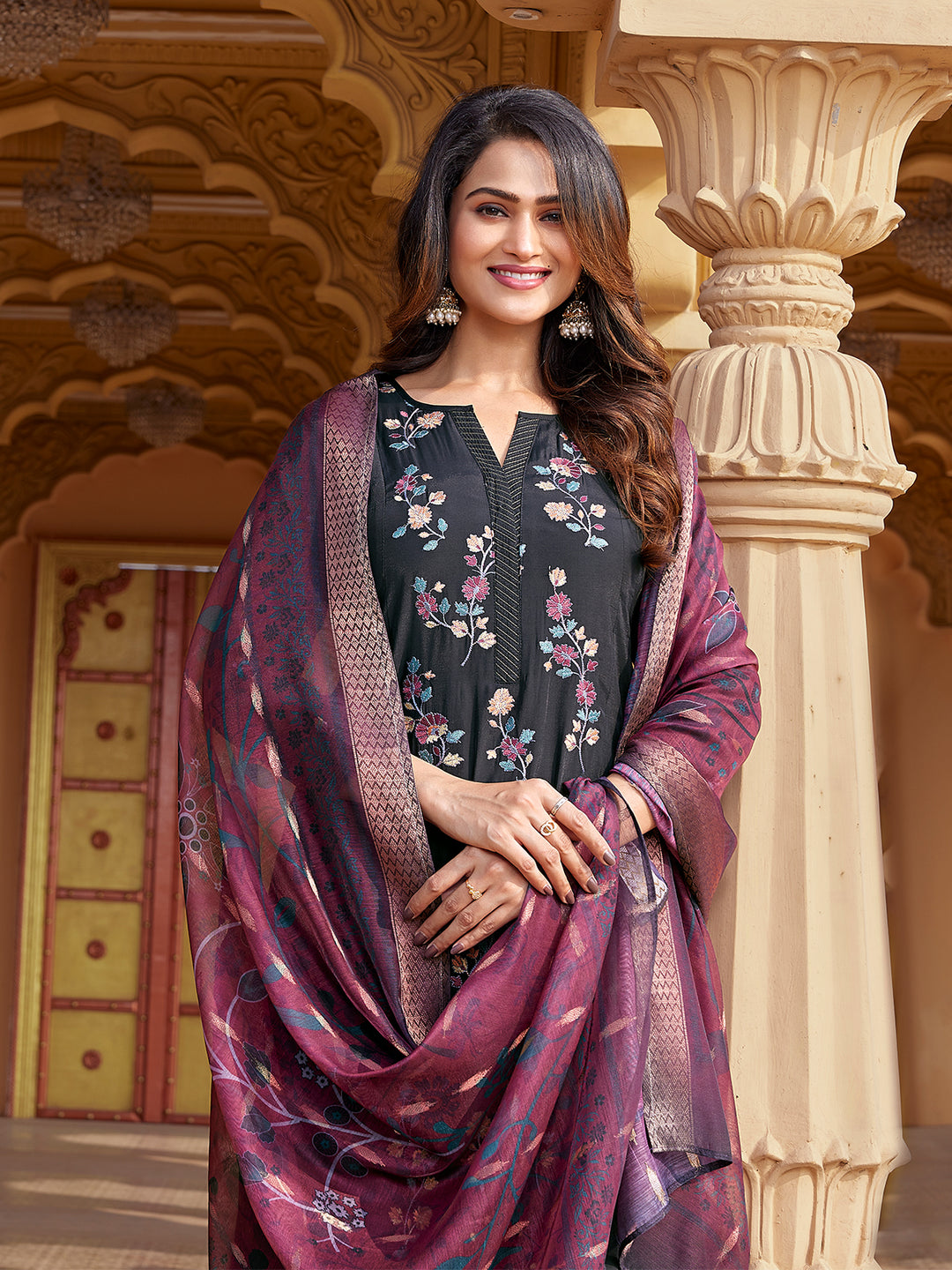 Black Semi Silk Anarkali Set