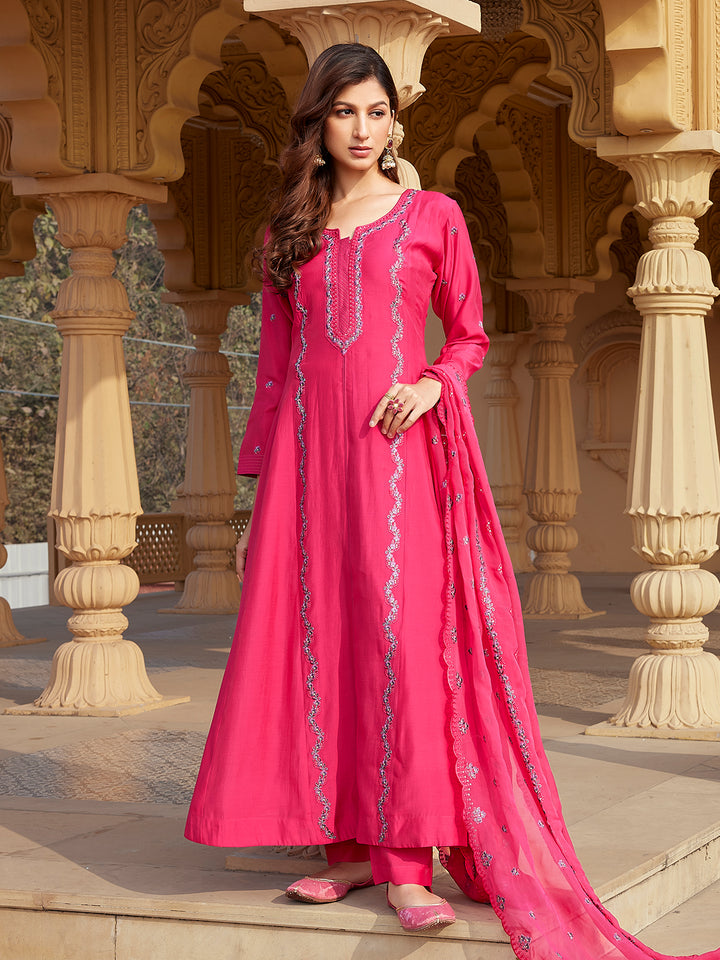 Pink Semi Silk Anarkali Set