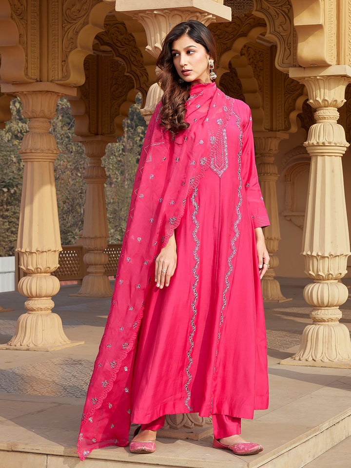Pink Semi Silk Anarkali Set