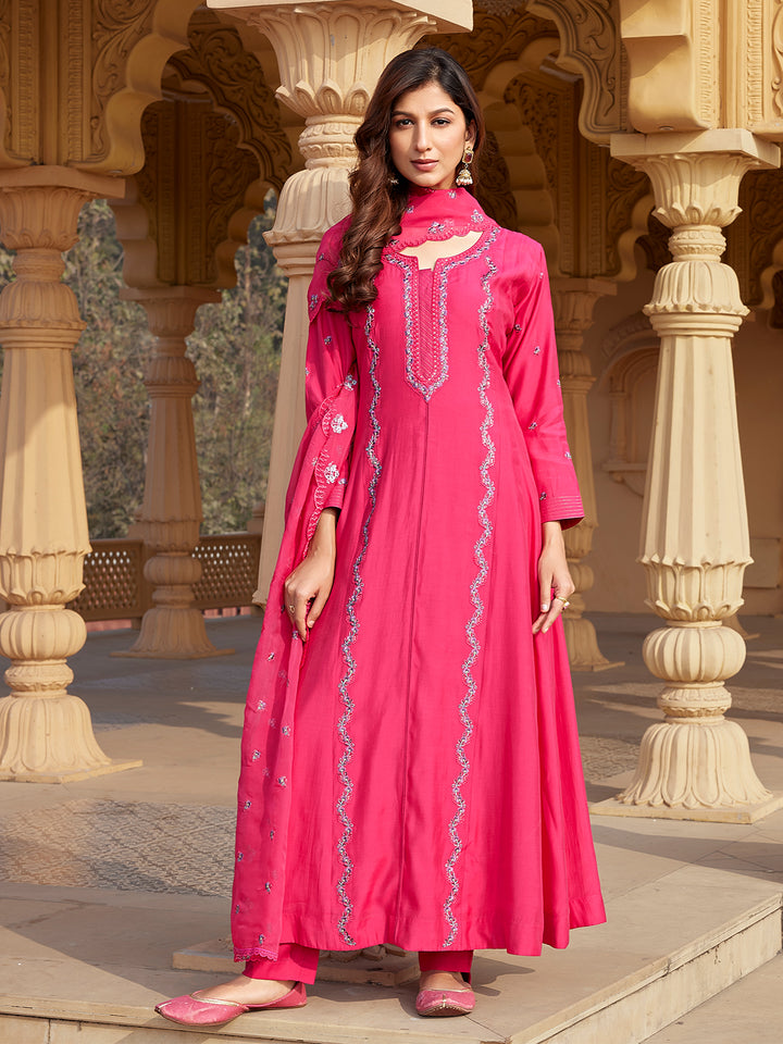 Pink Semi Silk Anarkali Set