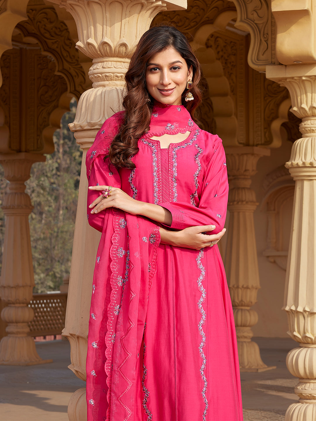 Pink Semi Silk Anarkali Set