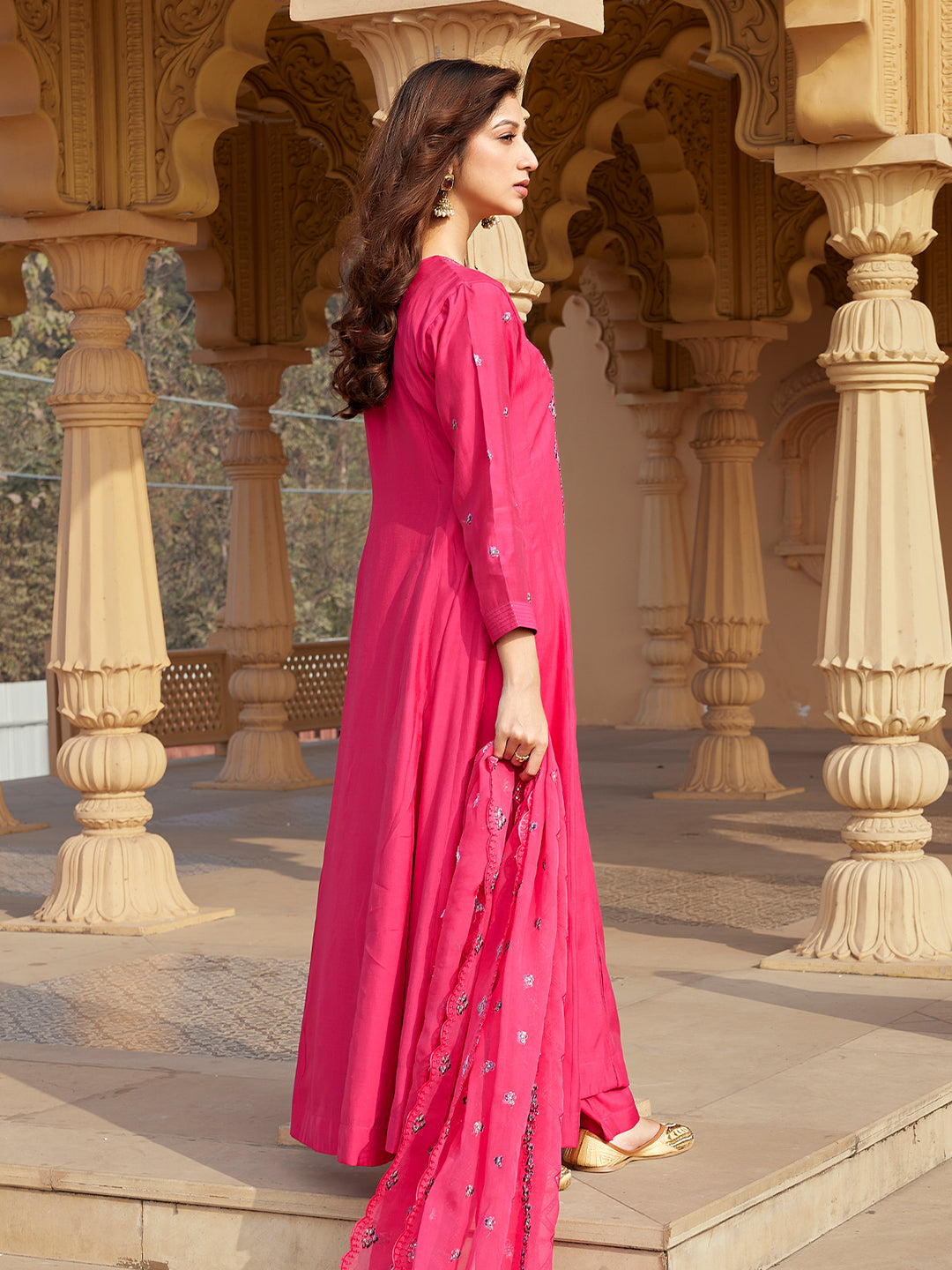 Pink Semi Silk Anarkali Set