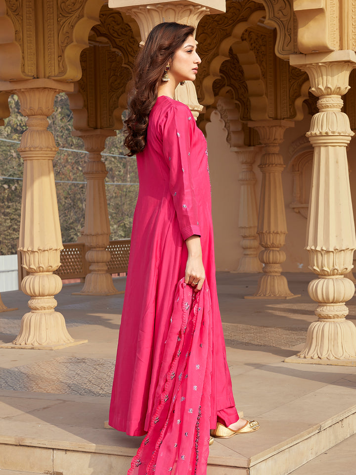 Pink Semi Silk Anarkali Set