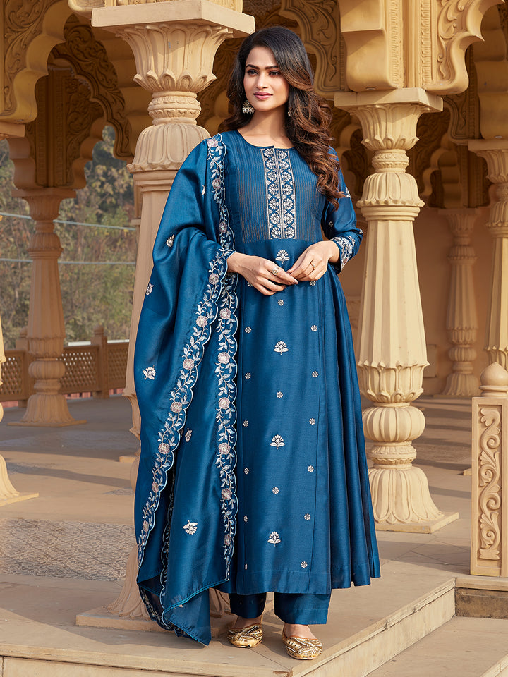 Blue Semi Silk Anarkali Set