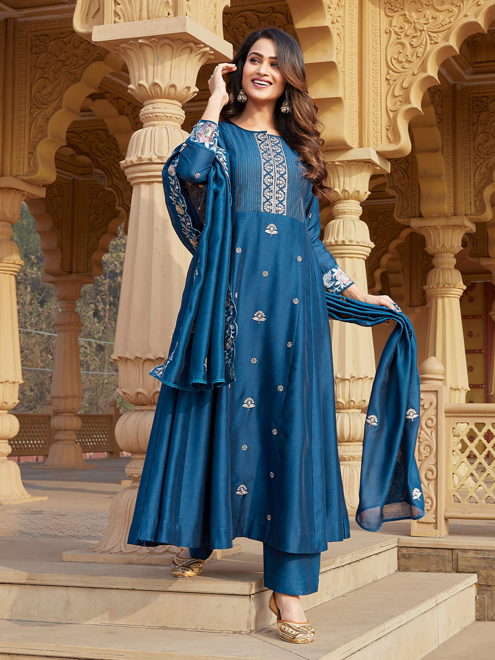 Blue Semi Silk Anarkali Set
