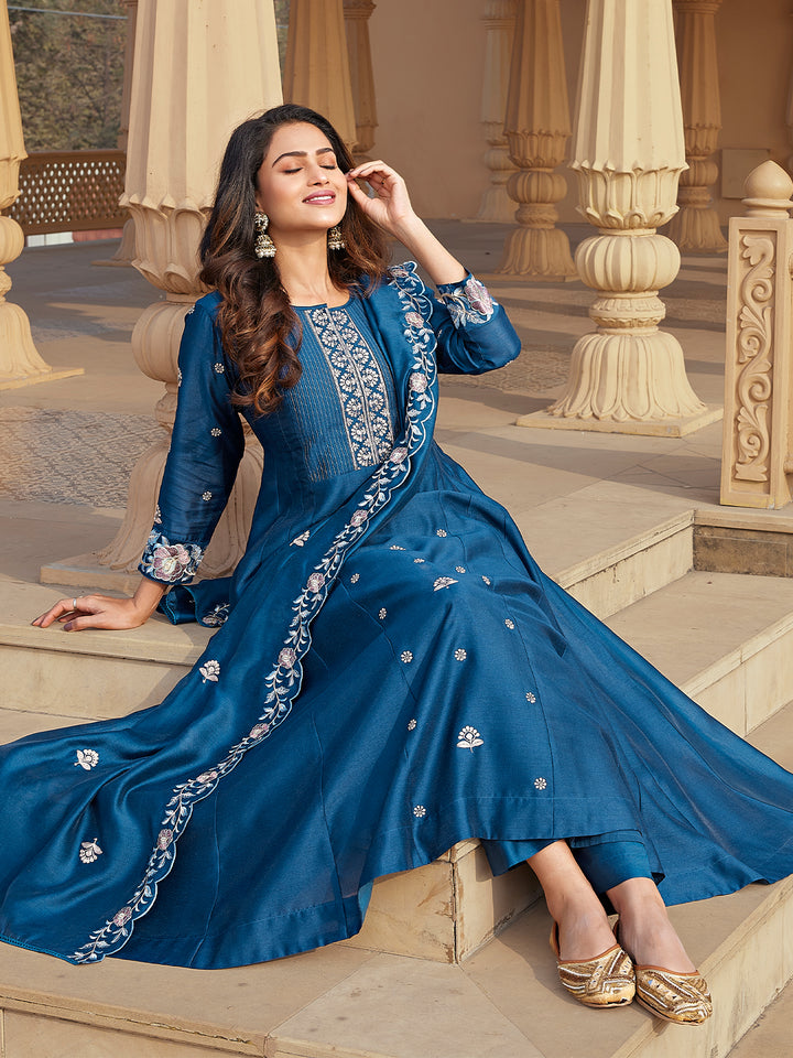Blue Semi Silk Anarkali Set