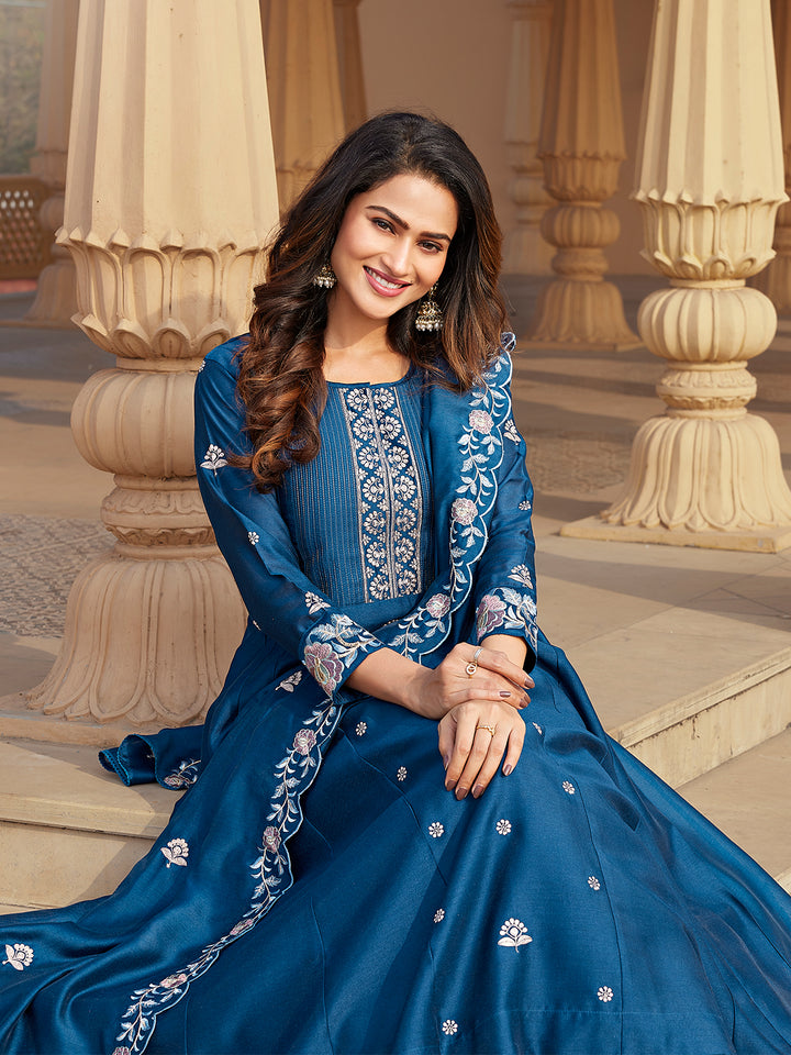 Blue Semi Silk Anarkali Set