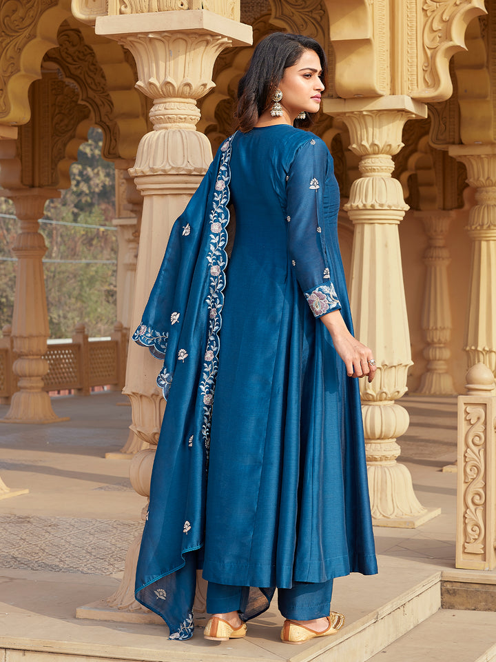 Blue Semi Silk Anarkali Set
