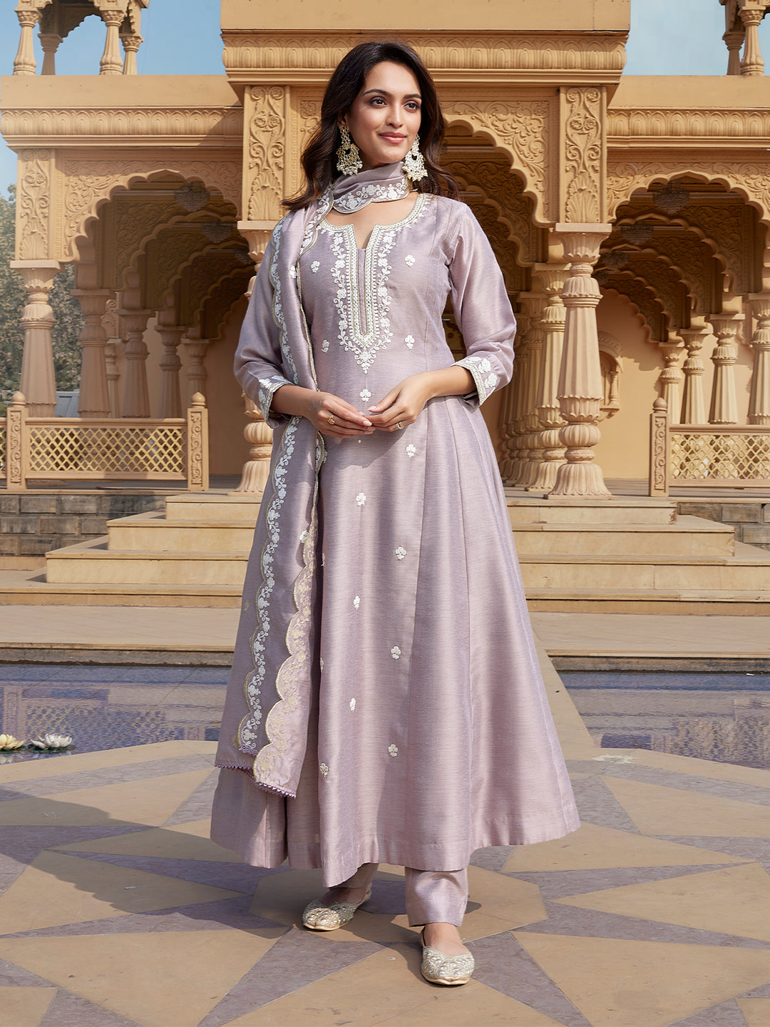 Lavender Semi Silk Anarkali Set