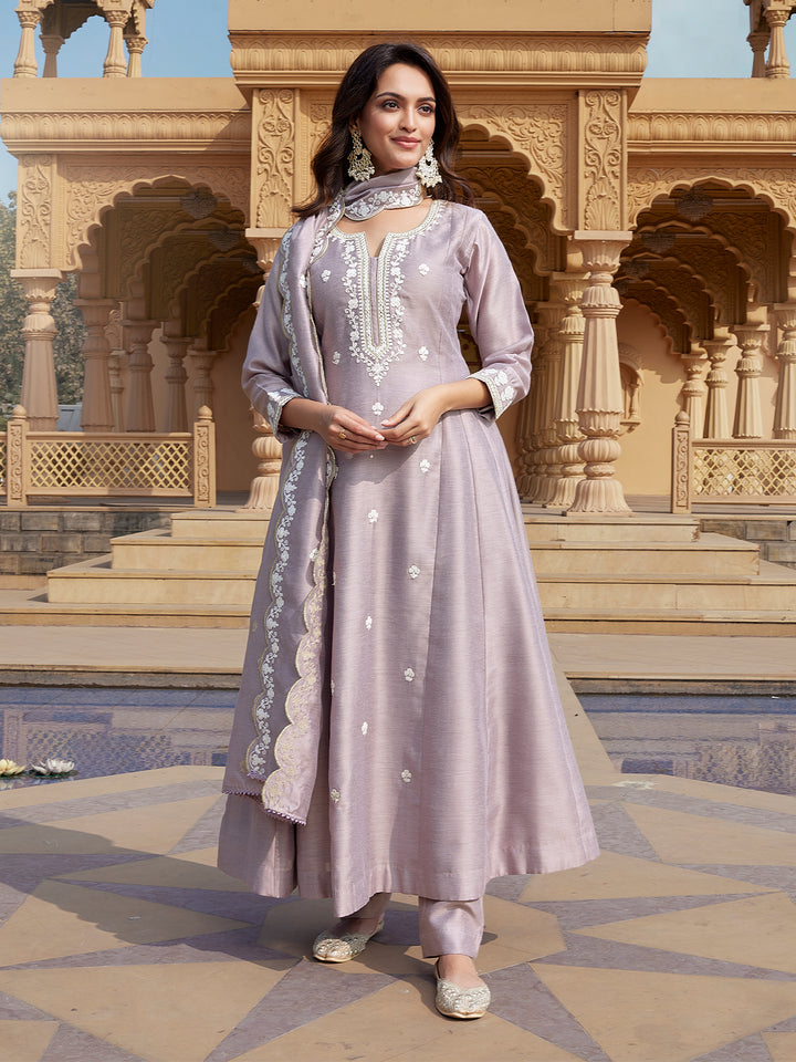 Lavender Semi Silk Anarkali Set