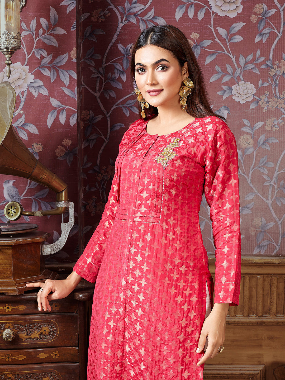 Cherry Red Jacquard Kurti