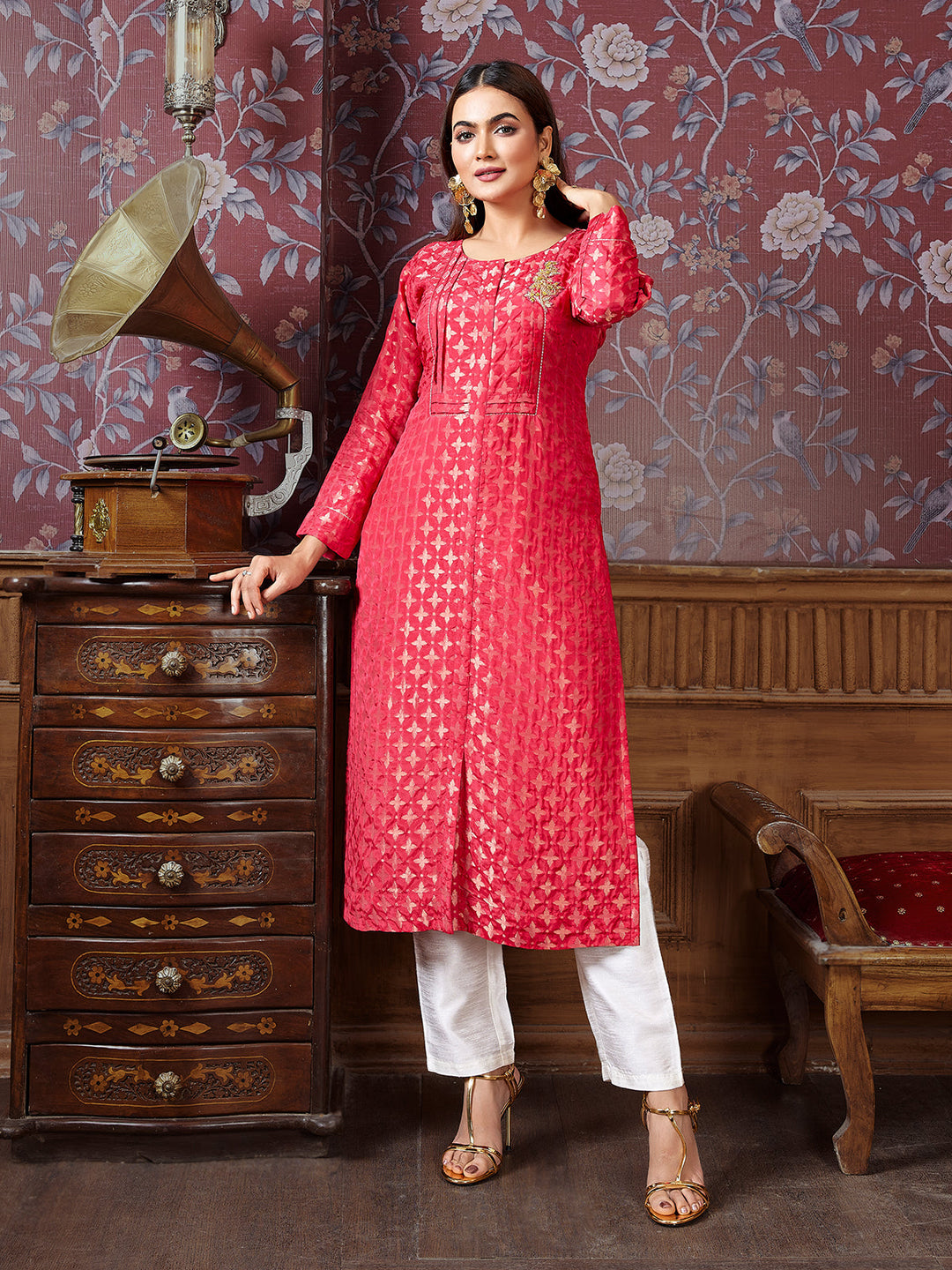 Cherry Red Jacquard Kurti