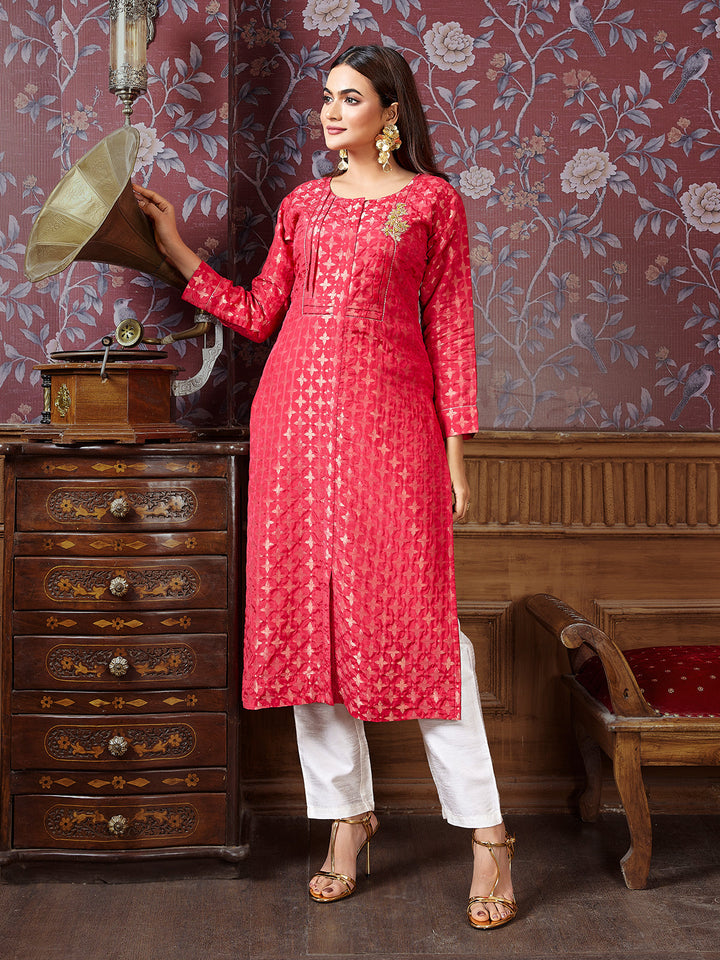 Cherry Red Jacquard Kurti