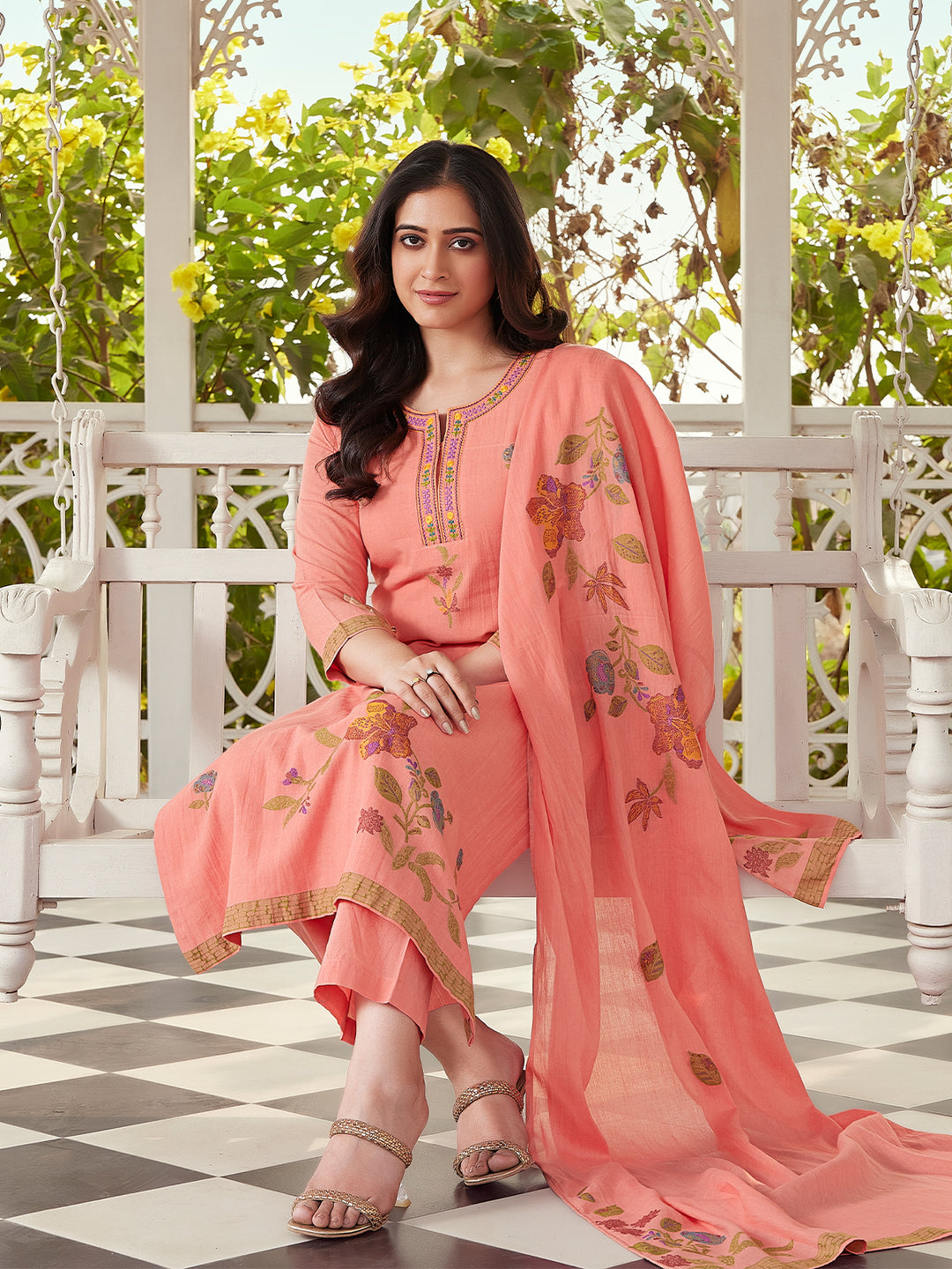 Coral Bloom Woven Cotton Suit Set