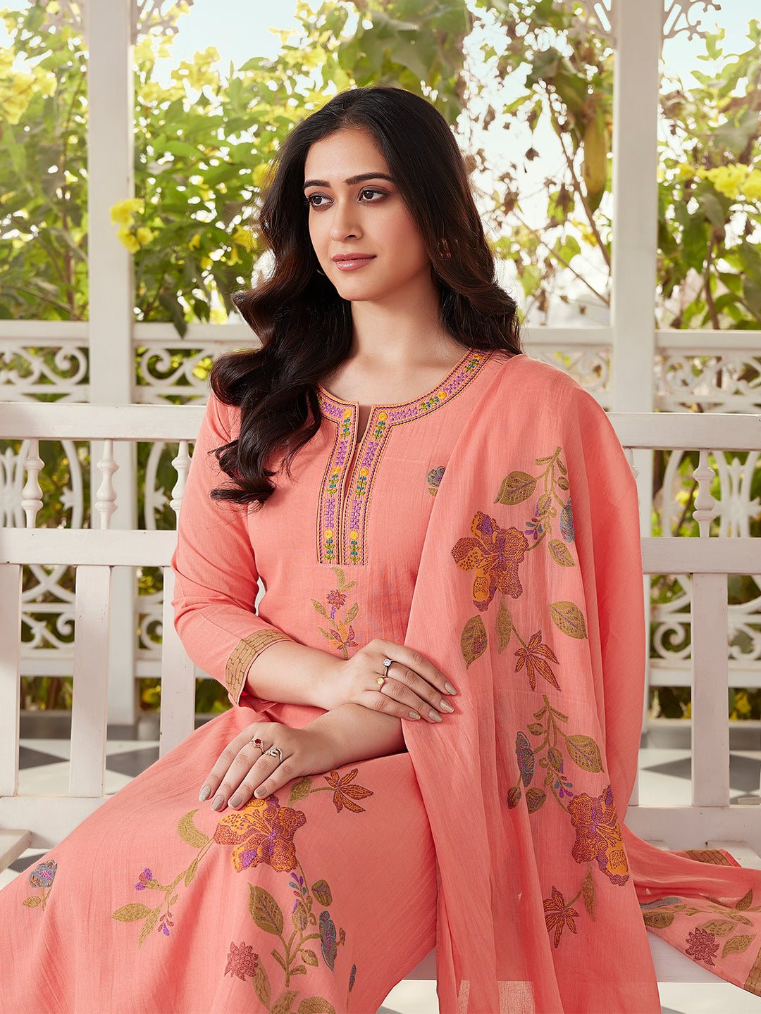 Coral Bloom Woven Cotton Suit Set