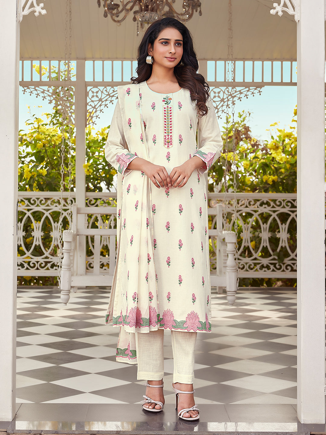 Ivory Floral Cotton Woven Suit Set