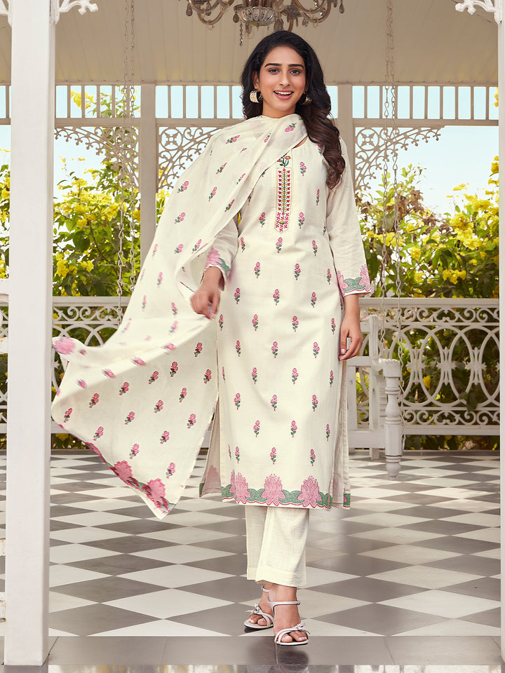 Ivory Floral Cotton Woven Suit Set