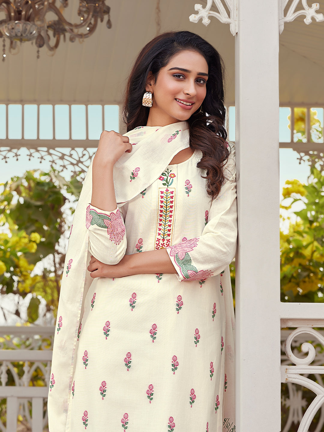 Ivory Floral Cotton Woven Suit Set