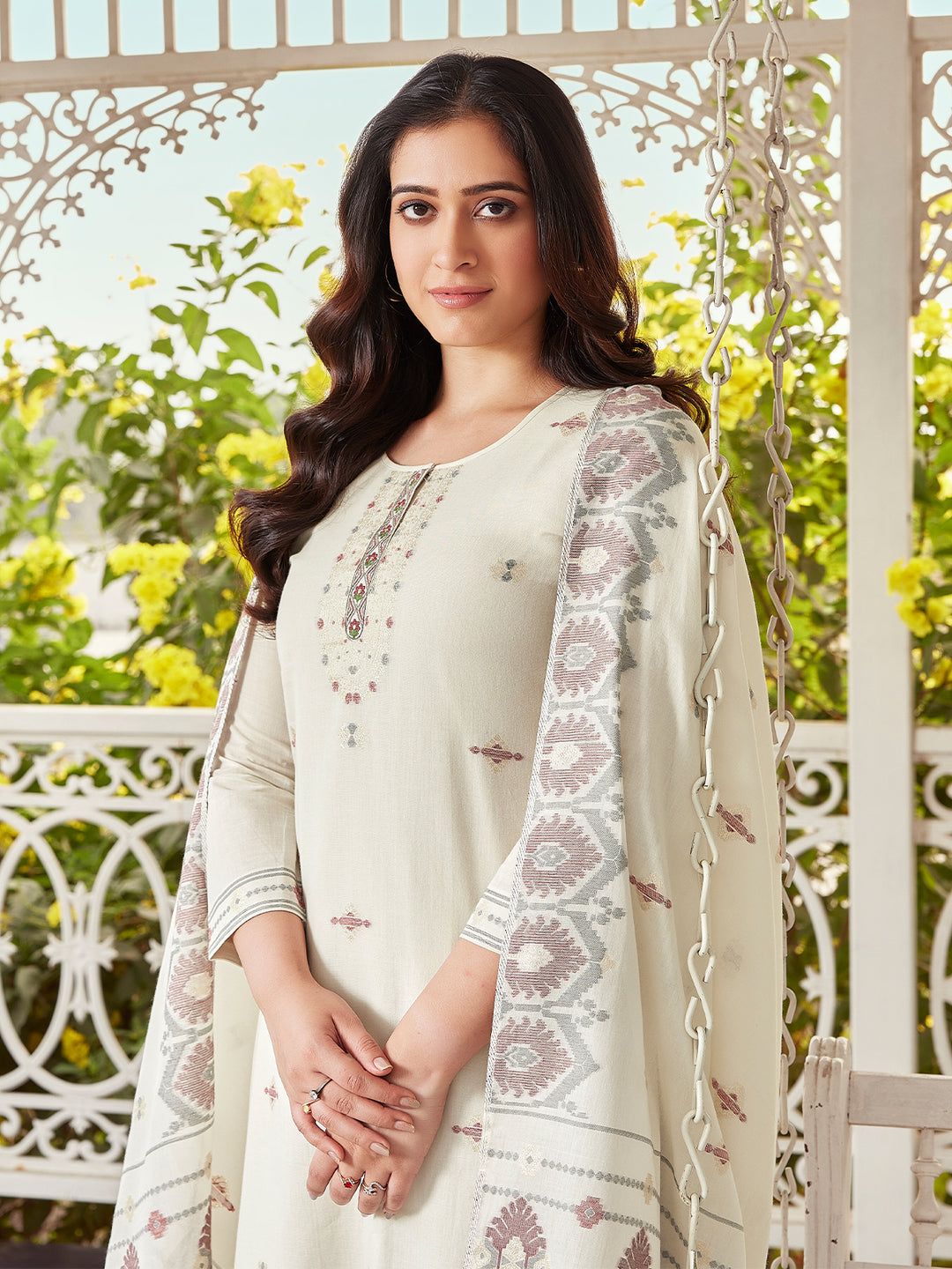 Ivory Woven Cotton Suit Set