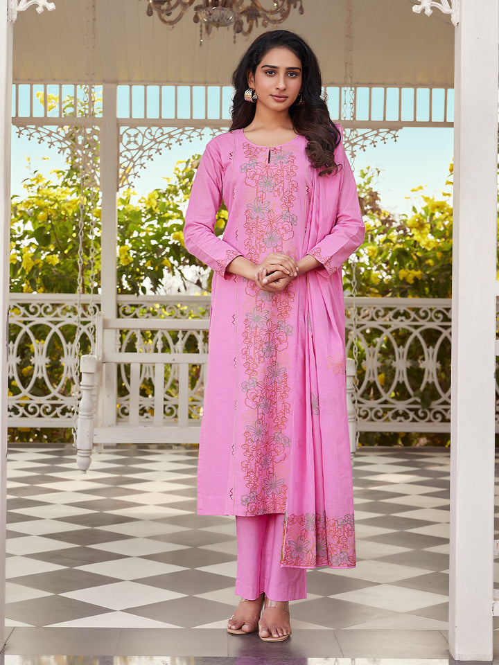 Rose Pink Woven Cotton Suit Set