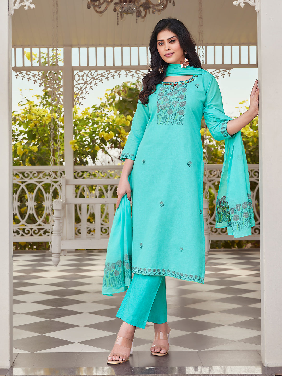 Aqua Blue Woven Cotton Suit Set