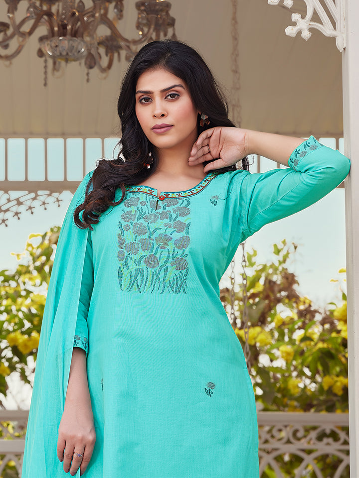 Aqua Blue Woven Cotton Suit Set